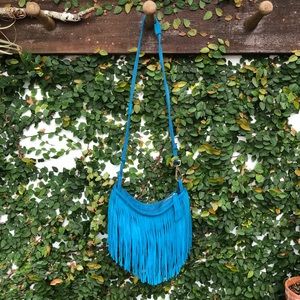 Blue Leather Fringe Crossbody Bag